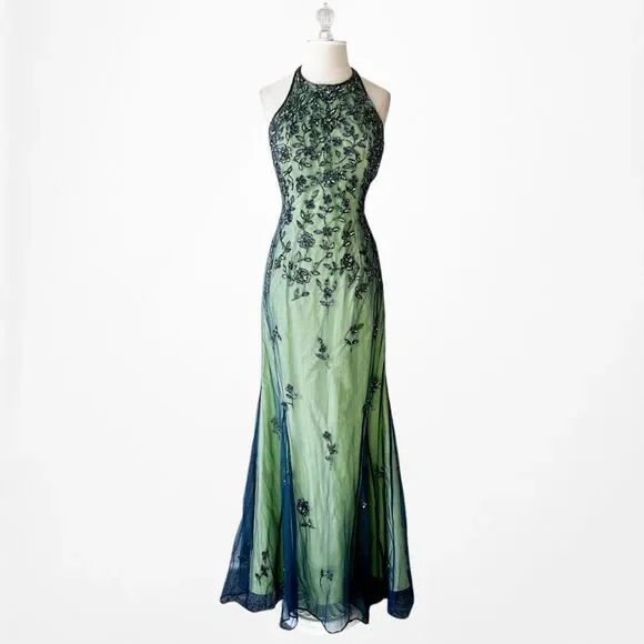 Vintage Y2K 90s Green Floral Halter Beaded Mesh Bodycon Maxi Prom Dress Size S - Picture 5 of 14